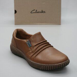 Clarks Ladies 7 W Wide Magnolia Faye Brown Leather Casual Slip-on Loafers Shoes